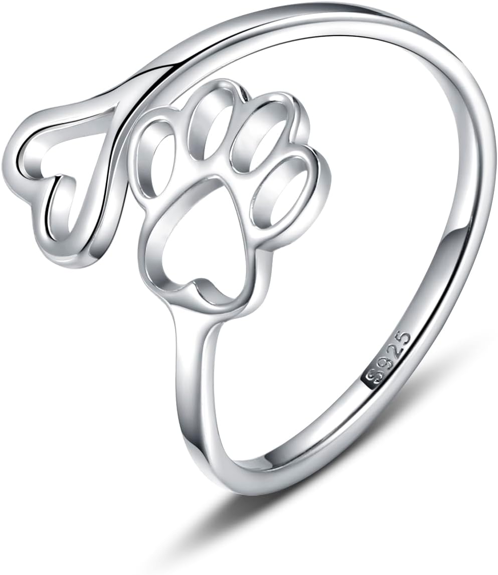 Handcrafted Paw Print Heart Sterling Silver Adjustable Ring