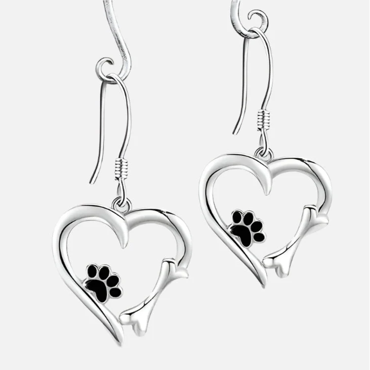 Silver Drop Earrings with Heart & Paw Design
